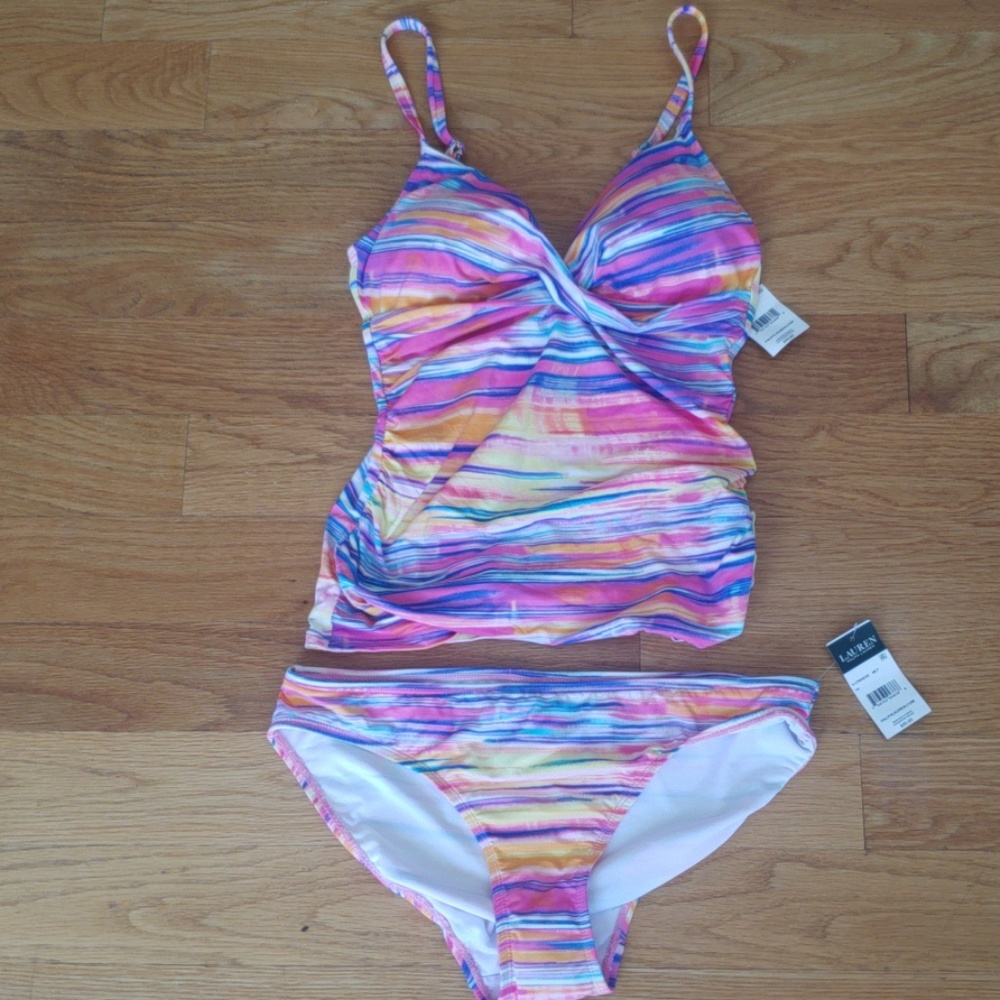 Ralph Lauren Multicolor Striped Tankini Set — Pink, Blue, Yellow